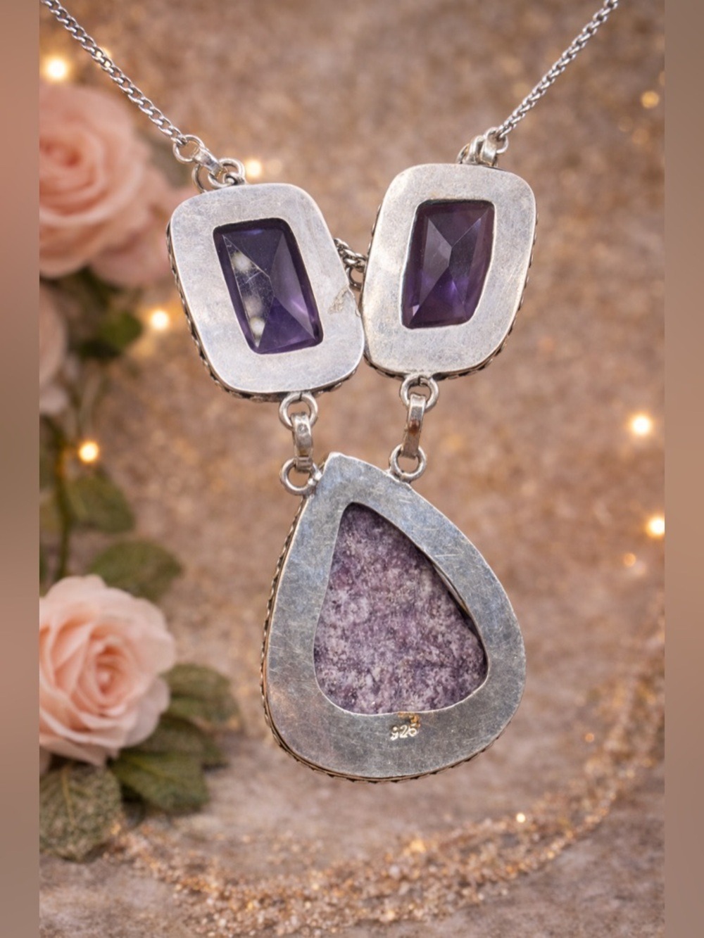 💜 Boho Artisan Sterling Silver 925 Statement Necklace • Lepidolite, Ruby & Glass - Picture 4 of 4